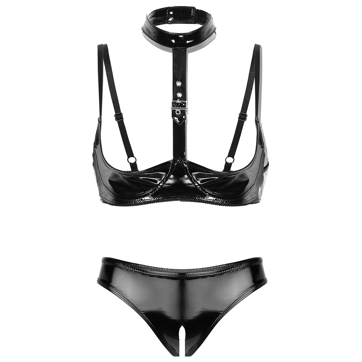 Bralette Triangle Set - Dames Lakleer Lingerie Set Zwarte Gesp