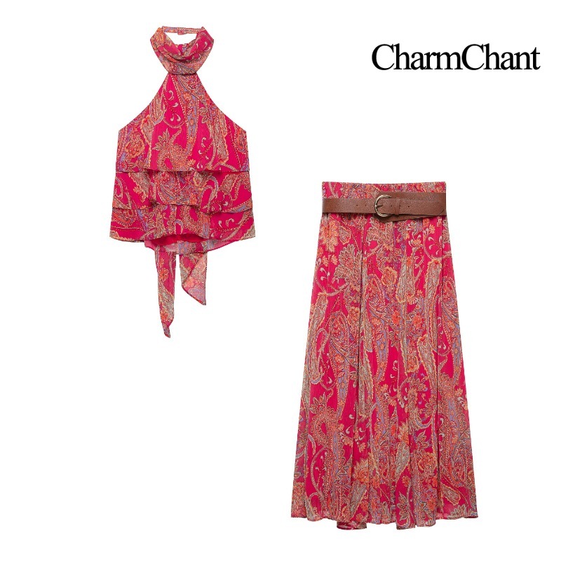 Midi Skirt Floral - CHARMCHANT Dames Paisley Print Halternek Geruite