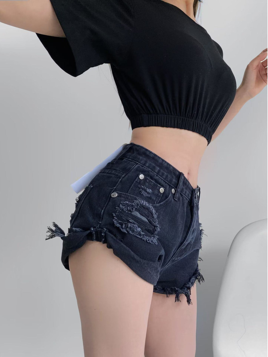 Shorts Denim Frayed - Dames Low Waist Distressed Denim Shorts